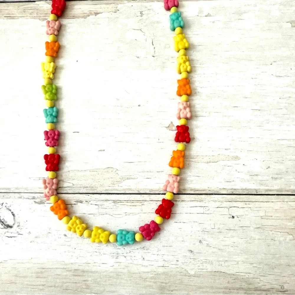 Girls Rainbow Bears Beaded Necklace Vintage 80s Style Kids Teen Tween Jewelry